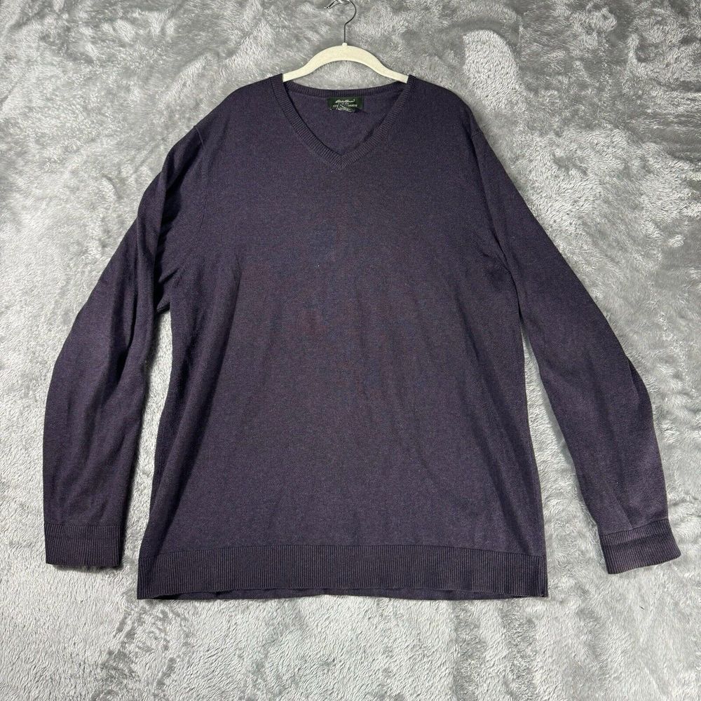 Eddie Bauer Sweater Mens XL‎ Gray Cotton Cashmere Blend V Neck Office Casual